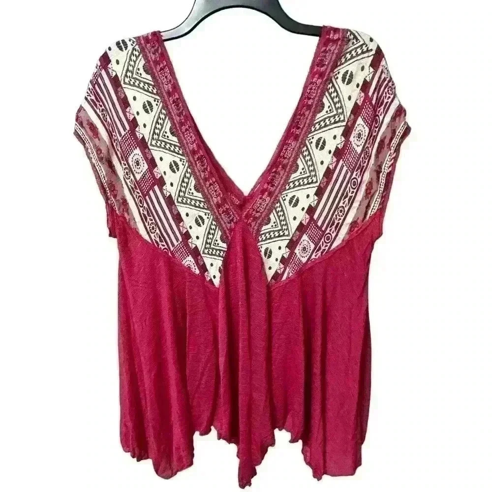 Free People Red Combo Top Women's Small V-Neck Blouse